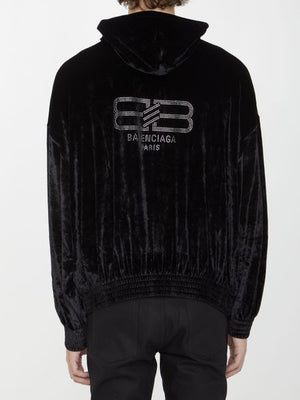 BALENCIAGA Black Strass Hoodie with Front Zipper and Logo Detail