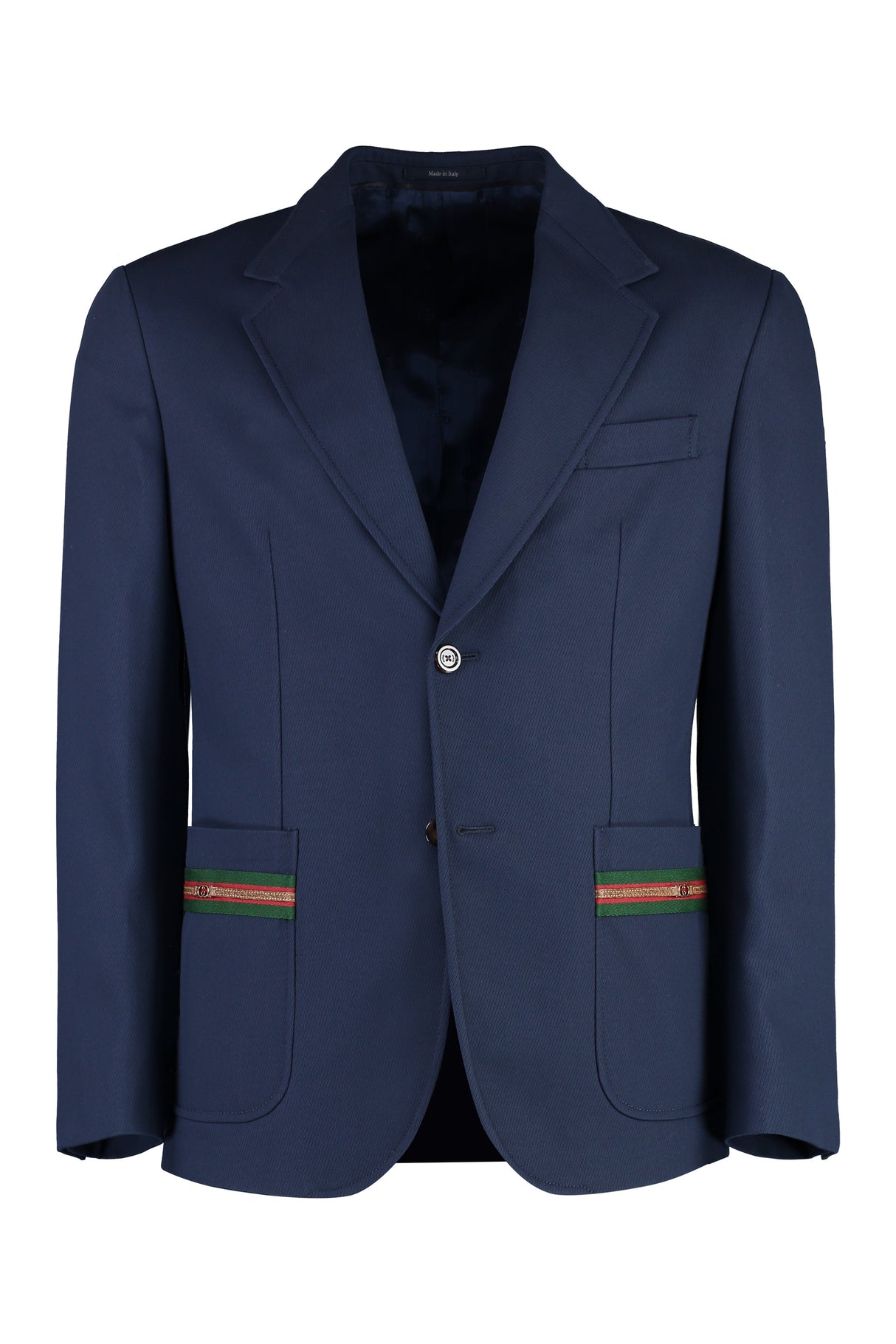 GUCCI Men's Blue Single-Breasted Jacket With Leather Accents and Web Detail