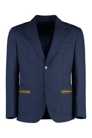 GUCCI Men's Blue Single-Breasted Jacket With Leather Accents and Web Detail