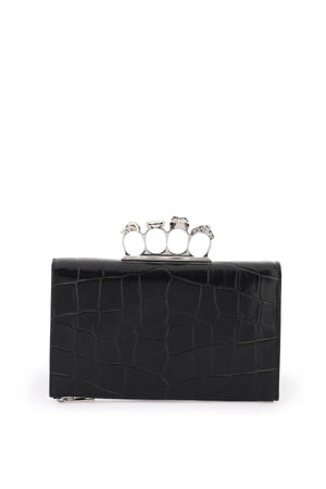 ALEXANDER MCQUEEN Men's Black Croco-Embossed Leather Pouch Handbag with Silver Rings