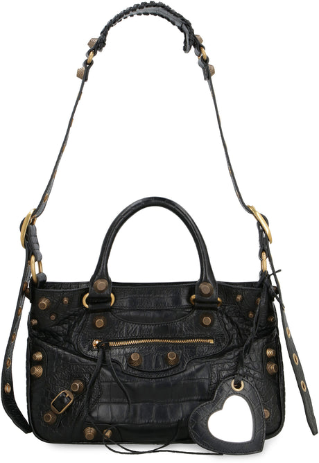 BALENCIAGA Black Leather Neo Cagole Medium Tote with Decorative Studs and Adjustable Strap