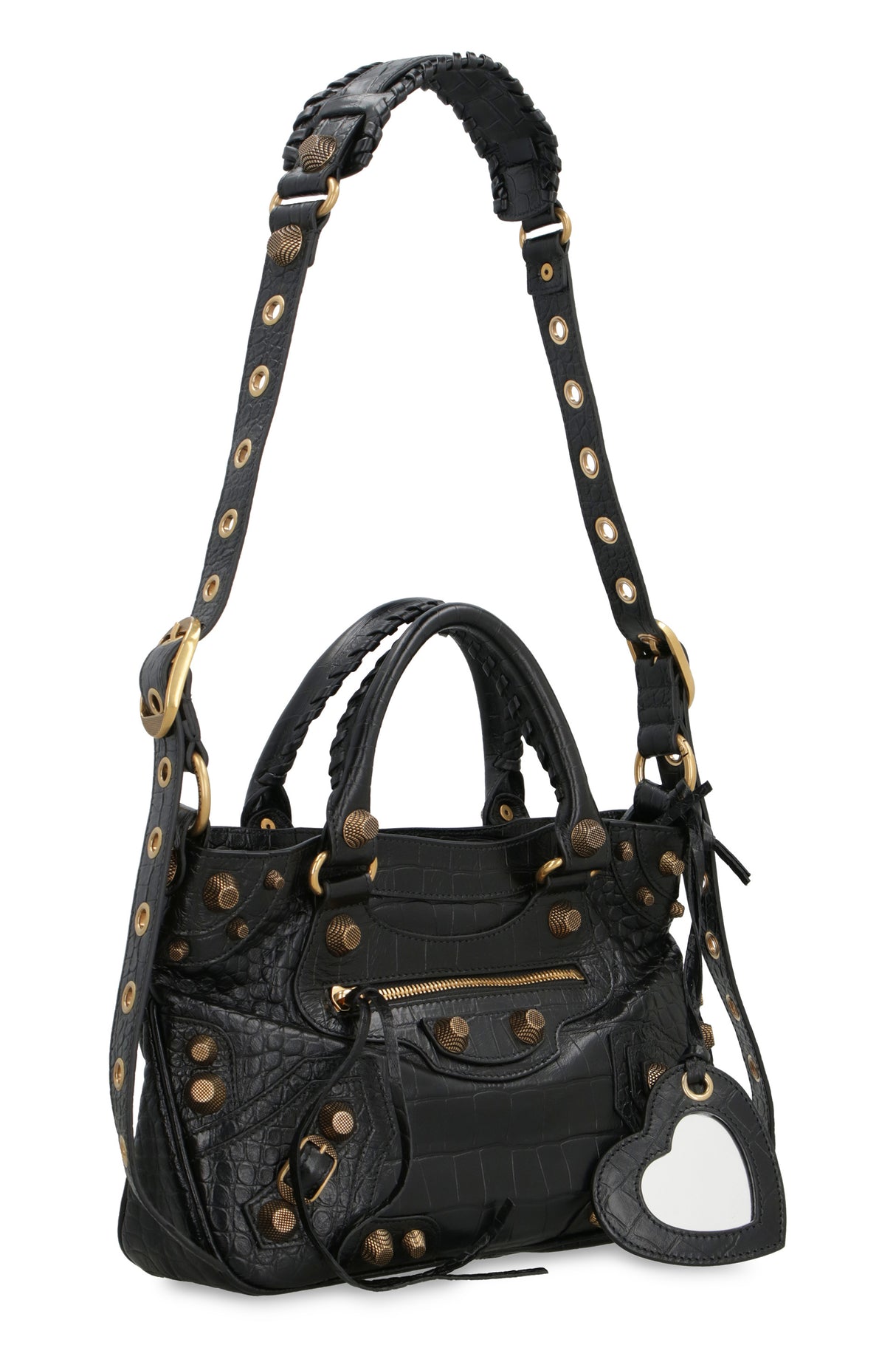 BALENCIAGA Black Leather Neo Cagole Medium Tote with Decorative Studs and Adjustable Strap