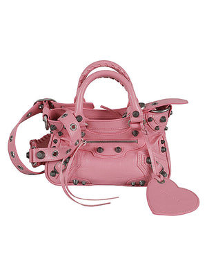 BALENCIAGA Women's Neo-Pink Lambskin Mini Trapezoidal Shoulder Handbag with Antique Silver Accents and Convertible Strap