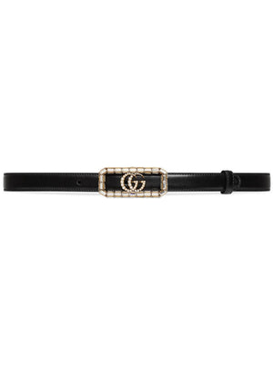 GUCCI Luxurious Black Leather Belt with Crystal-Embellished Double G Logo Buckle