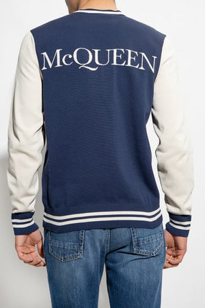 ALEXANDER MCQUEEN Navy Blue and Cream Cotton Crewneck Jumper for Men