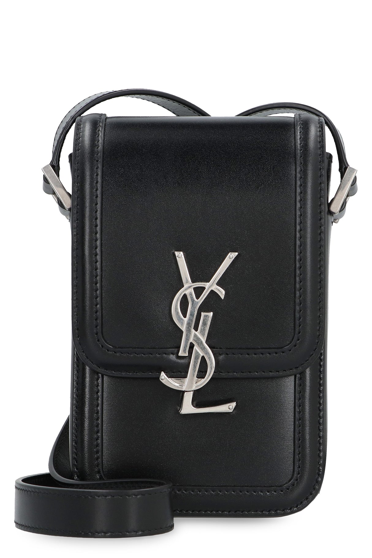 SAINT LAURENT Elegant Mini Black Leather Crossbody Bag for Men with Adjustable Strap and Silver-Tone Hardware, 11x18x5 cm