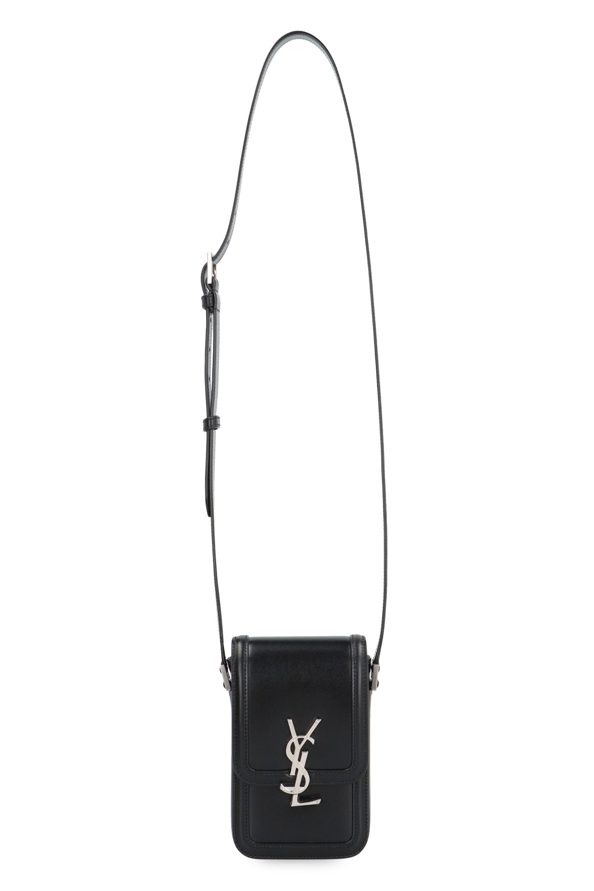 SAINT LAURENT Elegant Mini Black Leather Crossbody Bag for Men with Adjustable Strap and Silver-Tone Hardware, 11x18x5 cm