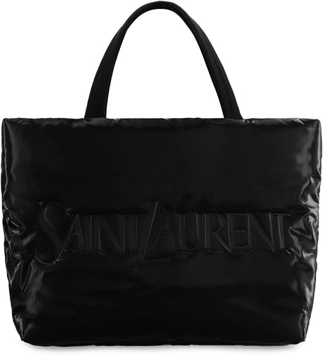 SAINT LAURENT Men's Black Silktech Tote Handbag with Internal Zippered Pocket