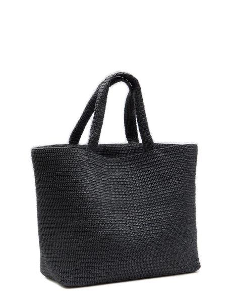 Black Rafia Tote Bag with Embroidered Saint Laurent Signature