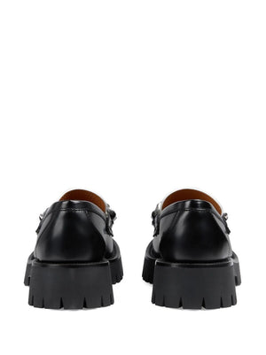 GUCCI Black Leather Loafers for Women with Contrast Detail and Lug Sole