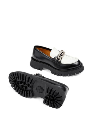 GUCCI Black Leather Loafers for Women with Contrast Detail and Lug Sole