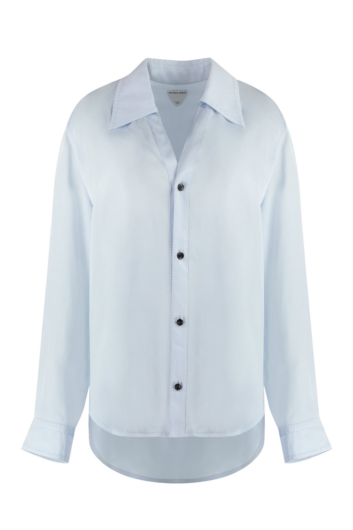 BOTTEGA VENETA Women's Light Blue Viscose Twill Shirt with Asymmetric Hem and V-Neck for FW23