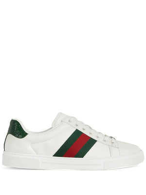 GUCCI Men's White Low-Top Leather Sneakers with Contrasting Heel and Green-Red-Green Web Detail