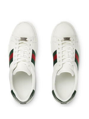 GUCCI Men's White Low-Top Leather Sneakers with Contrasting Heel and Green-Red-Green Web Detail