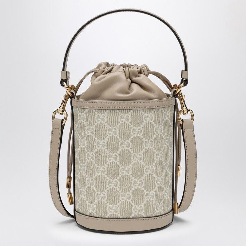 GUCCI Chic Mini Bucket Handbag in Beige and White GG Supreme Fabric