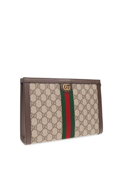 GUCCI Designer Tan GG Pouch for Men: OPHIDIA Clutch with Gold-Tone Double G