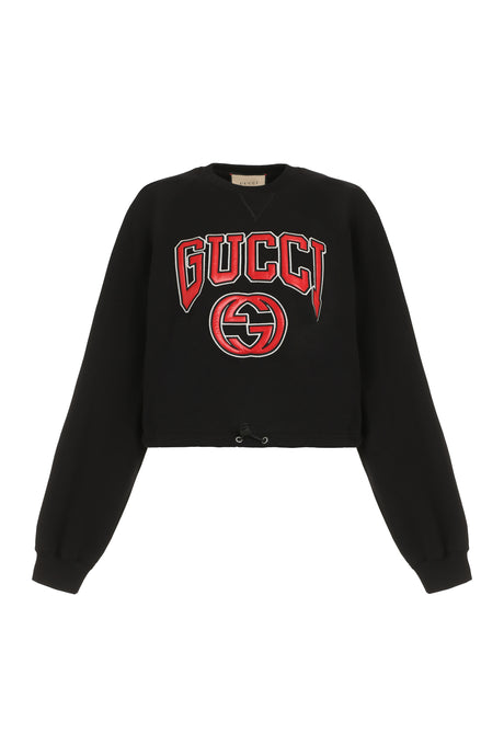 GUCCI Áo nỉ cotton đen có dây rút điều chỉnh ở gấu