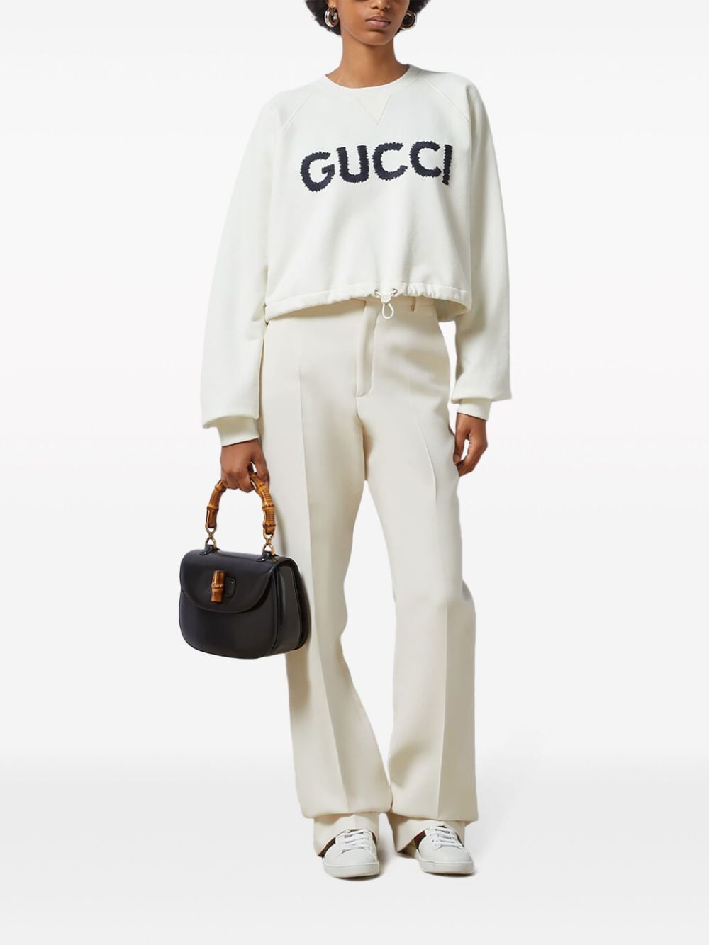 GUCCI Embroidered Cotton Sweatshirt in Eggshell White and Navy Blue for Women - SS24