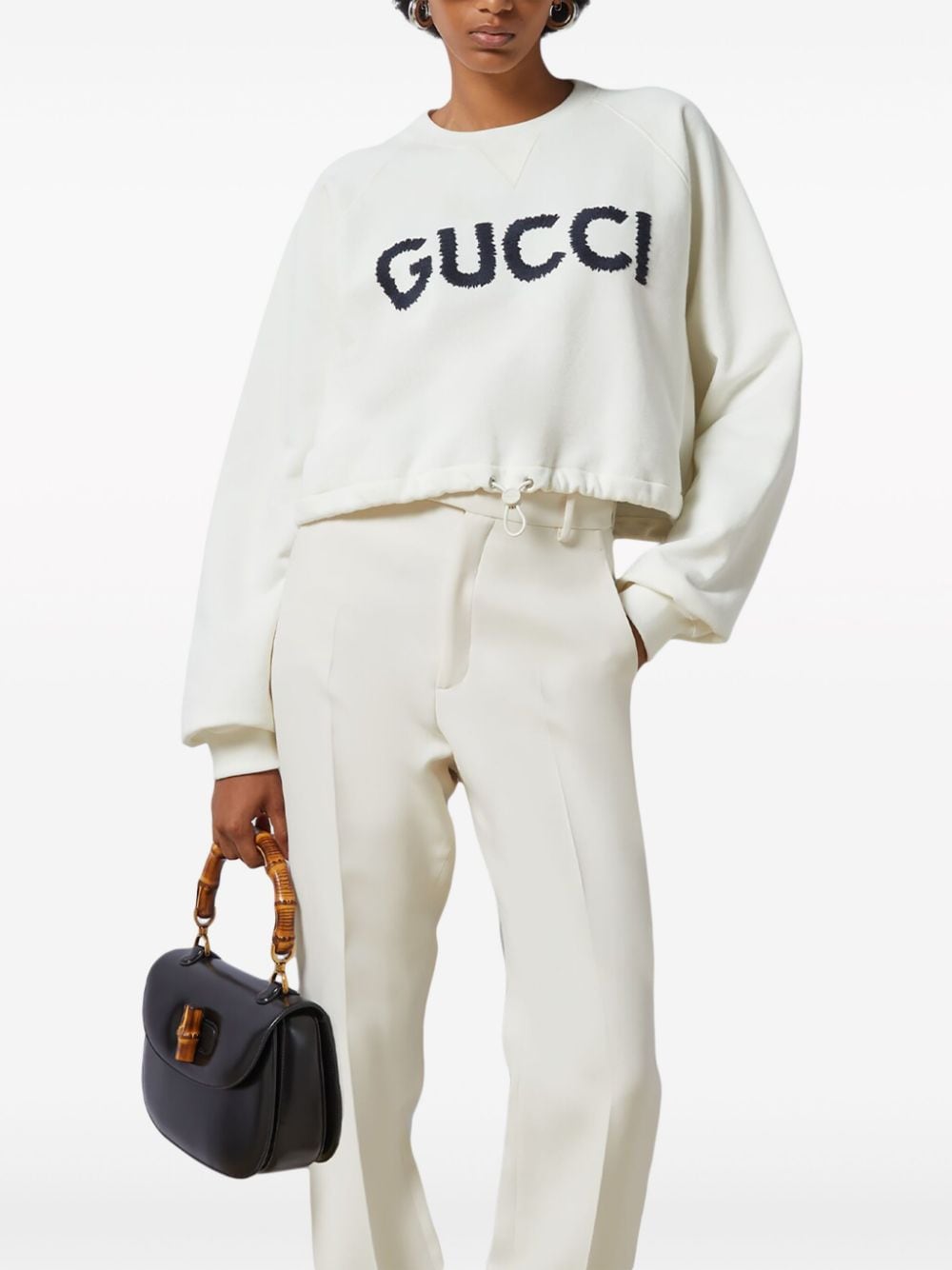 GUCCI Embroidered Cotton Sweatshirt in Eggshell White and Navy Blue for Women - SS24