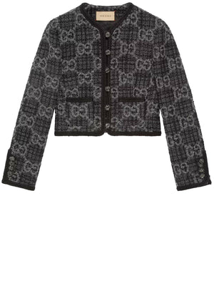 GUCCI Grey Tweed Cropped Jacket with Braided Ribbon Trims