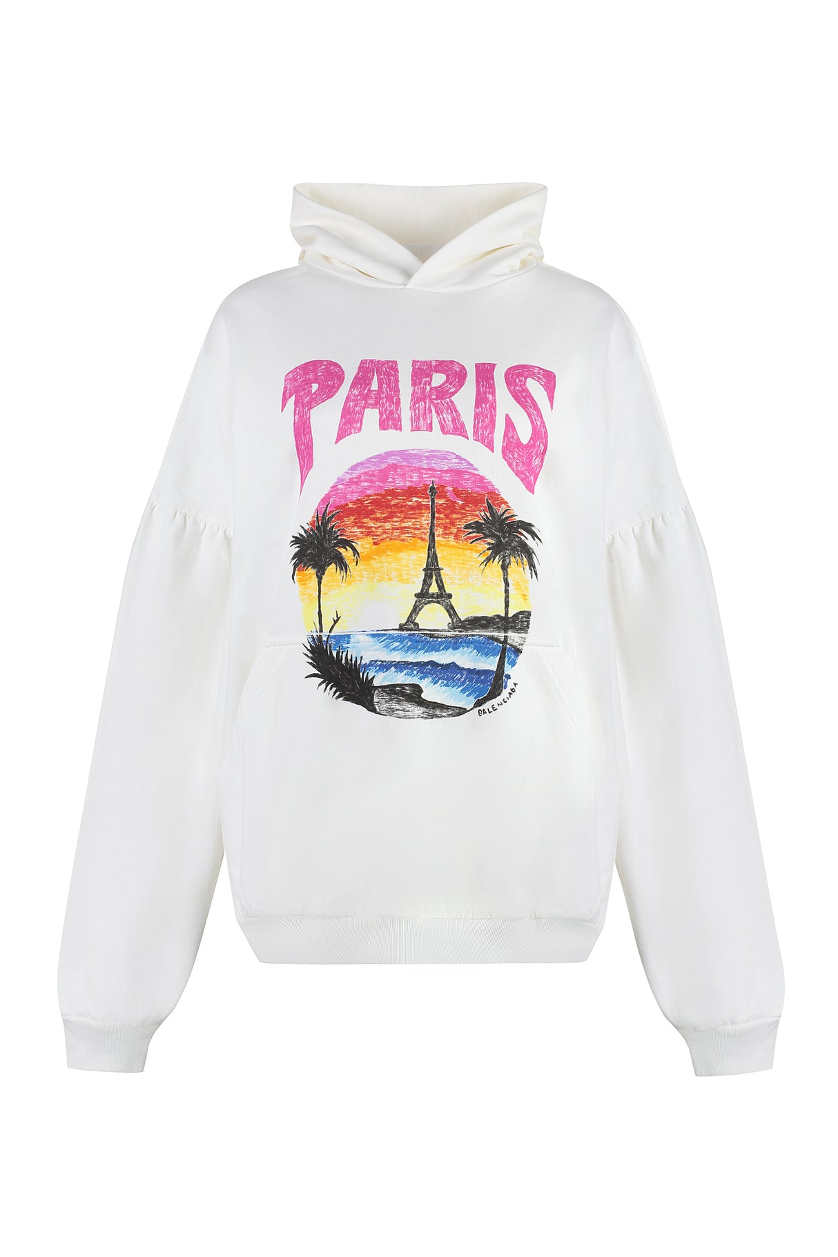 BALENCIAGA White Oversized Cotton Hoodie for Women - Paris Tropical Front Print