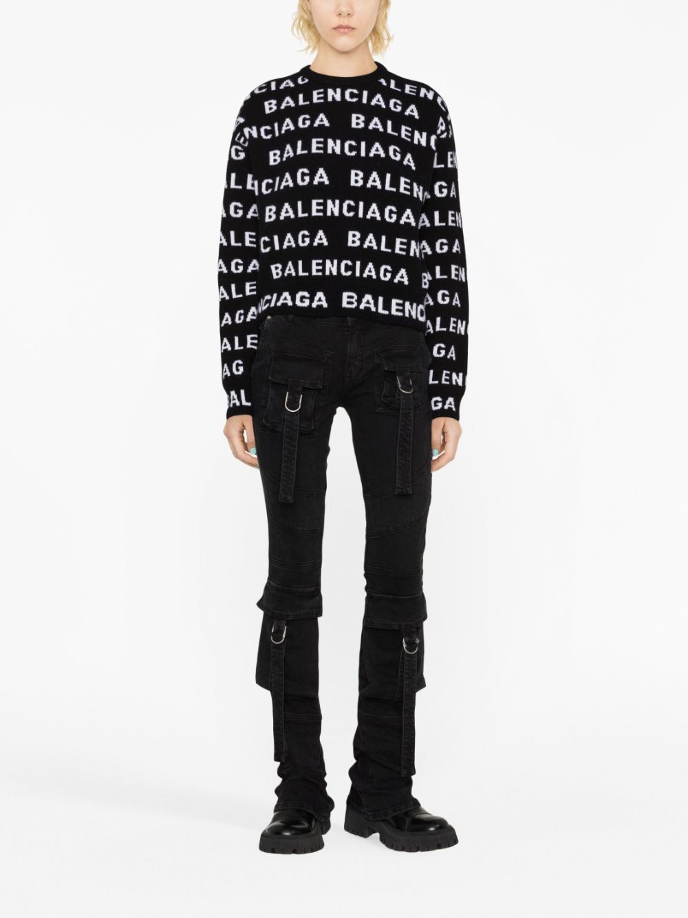 BALENCIAGA Intarsia Logo Wool Cropped Sweater for Women