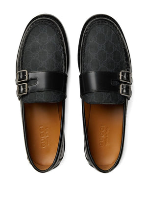 GUCCI Men's Black Leather Loafers with Jacquard Fabric Detail