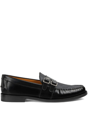 GUCCI Men's Black Leather Loafers with GG Jacquard Detail and Silver Buckles