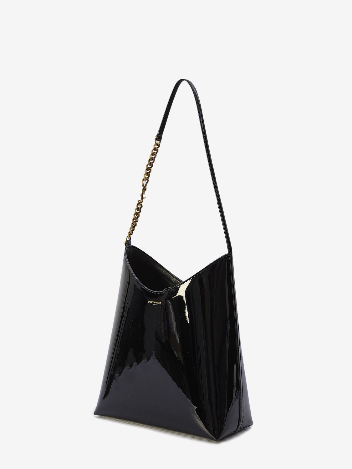 SAINT LAURENT Black Patent Leather Shoulder Bag with Embossed Paris Signature