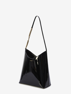 SAINT LAURENT Black Patent Leather Shoulder Bag with Embossed Paris Signature