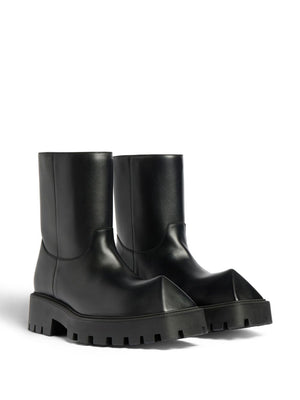 BALENCIAGA Men's Black Leather Boots with Brief-On Design and Rubber Chunky Sole