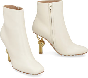 BOTTEGA VENETA Ivory Leather Ankle Boots with Square Toeline and Gold-Tone Metal Heel for Women