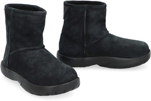 BOTTEGA VENETA Black Suede Ankle Boots for Women with Back Logo Patch and Shearling Lining