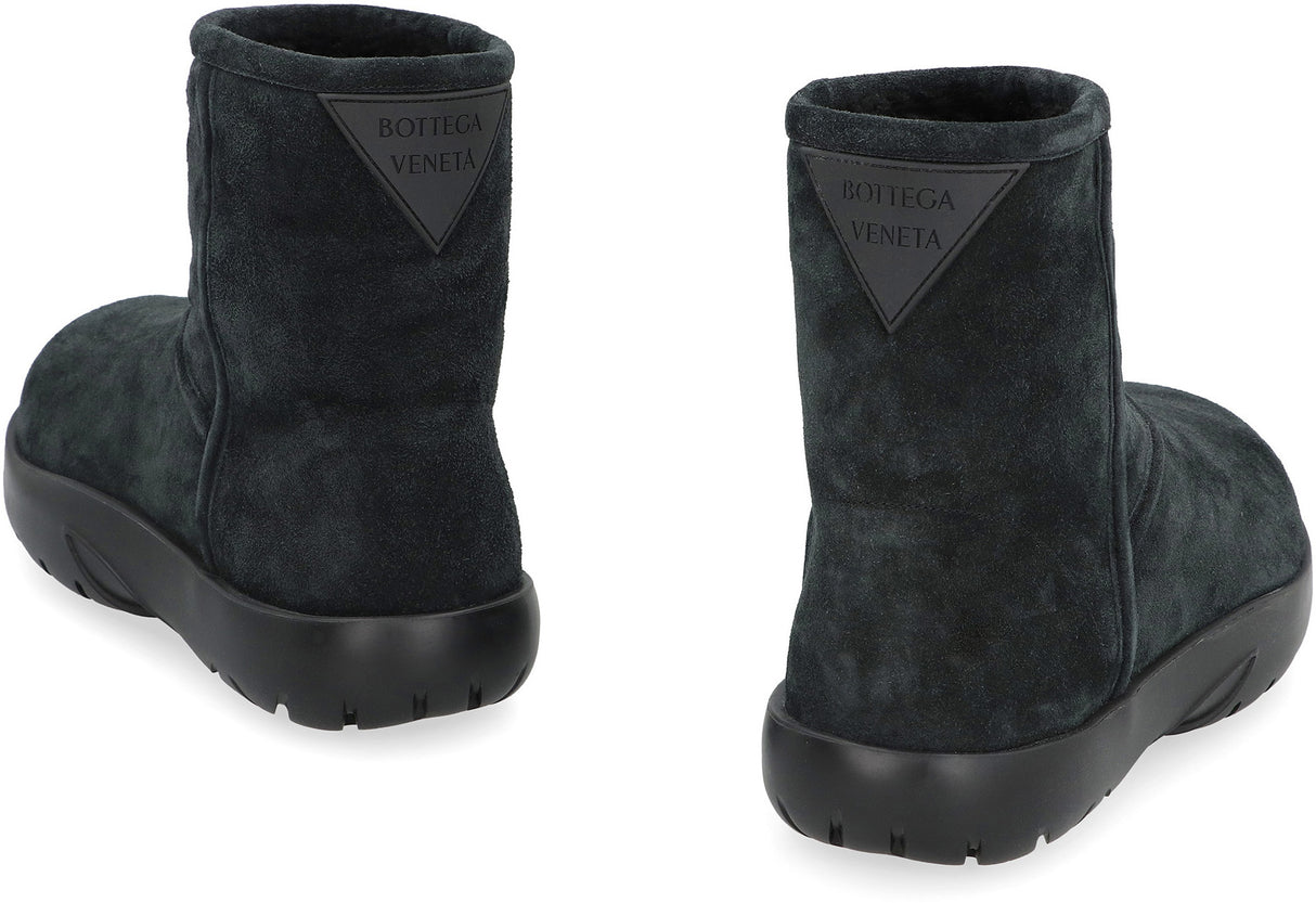 BOTTEGA VENETA Black Suede Ankle Boots for Women with Back Logo Patch and Shearling Lining