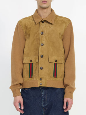 GUCCI Men's Suede Bomber Jacket with Wool Details and Green/Red Accents - Tan