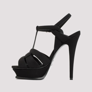 SAINT LAURENT Black Leather Platform Sandals for Women with 13.5cm Silk Heels