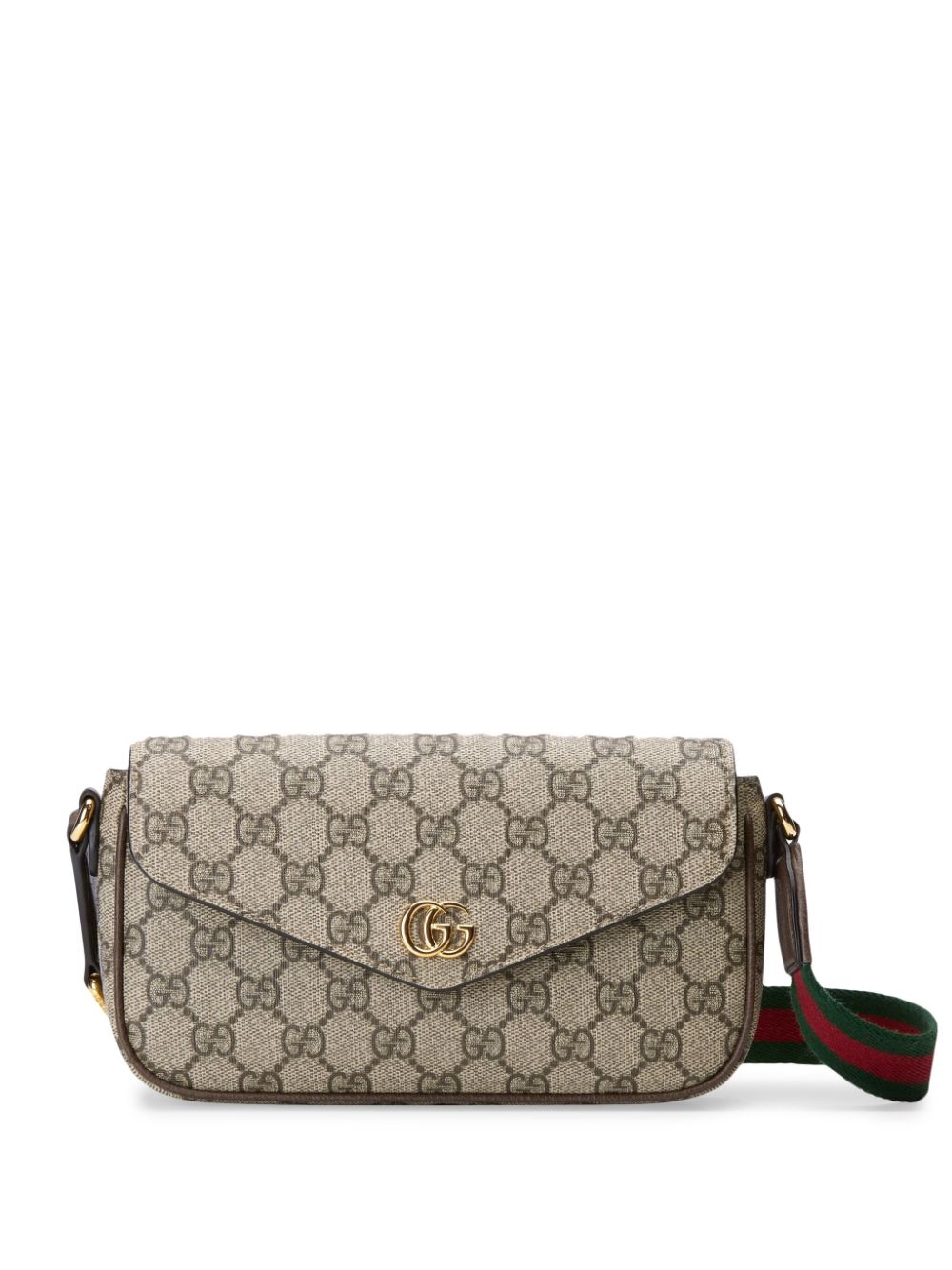 GUCCI Mini Supreme Canvas & Leather Crossbody Bag with Iconic Stripe Strap and Gold Accents, Tan - 22x13x4cm