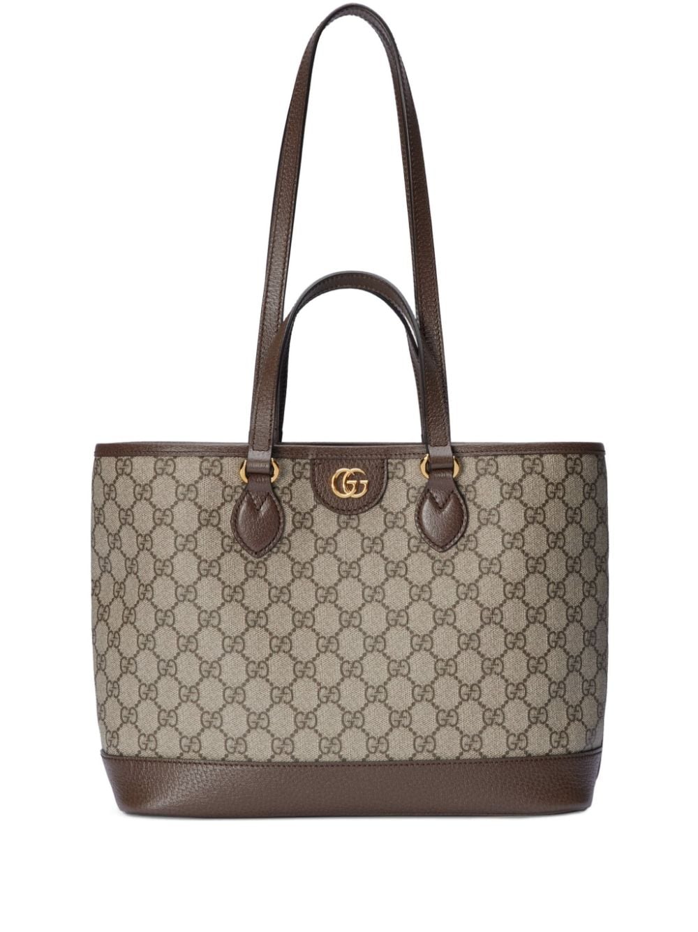 GUCCI Elegant Mini Tan Shopping Handbag with Gold-Tone Accents and Brown Leather Trim, 31x25x13 cm
