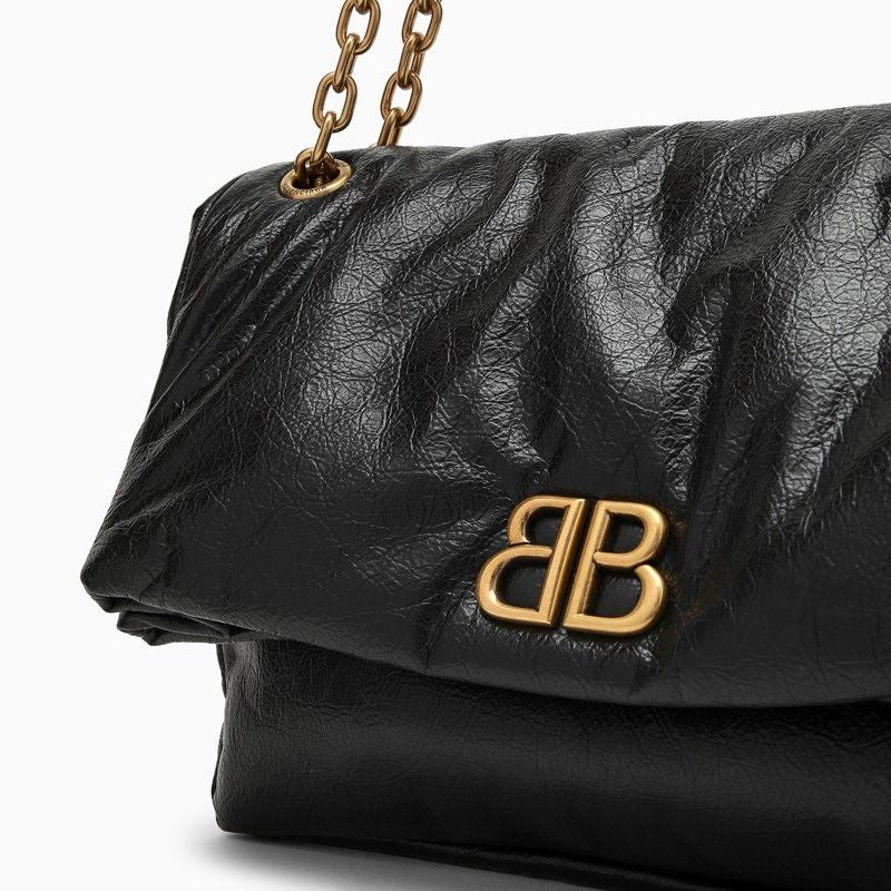 BALENCIAGA Black Monaco Medium Chain Shoulder Bag in Calfskin with Antique-Gold Hardware, 32.5x22x9.9 cm