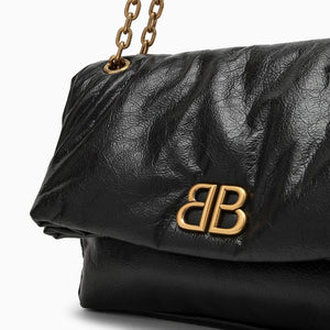 BALENCIAGA Black Monaco Medium Chain Shoulder Bag in Calfskin with Antique-Gold Hardware, 32.5x22x9.9 cm