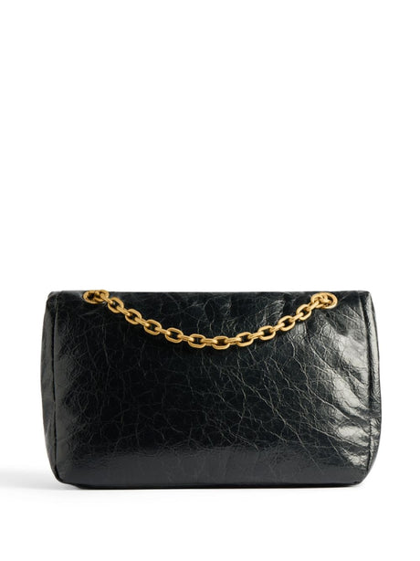 BALENCIAGA Elegant Small Black Leather Shoulder Bag with Gold-Tone Hardware and Sliding Chain Strap (11”x7”x4”)