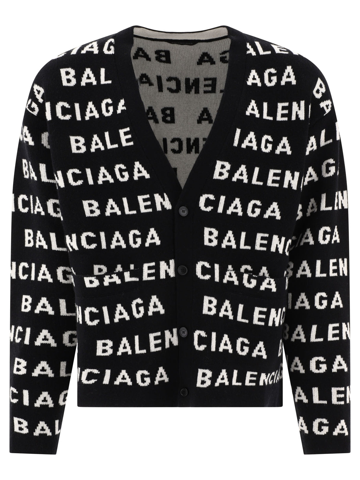 BALENCIAGA Men's Black and White Wool Blend V-Neck Cardigan | Sustainable Fashion