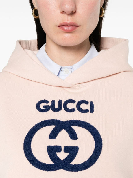GUCCI Light Pink Cotton Hoodie with Interlocking G Logo and French Terry Lining for Women
