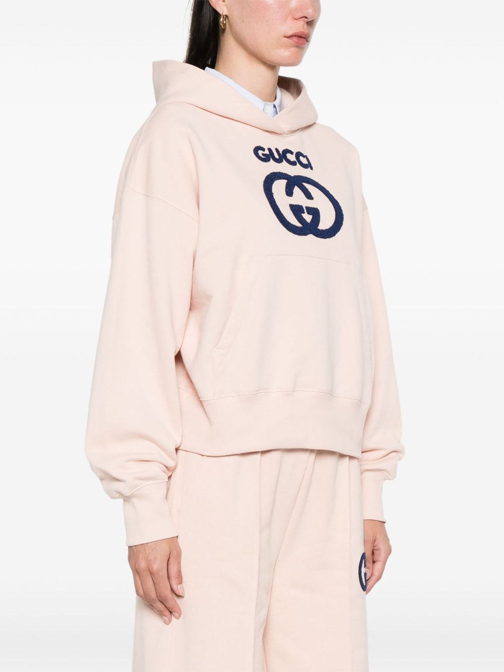 GUCCI Light Pink Cotton Hoodie with Interlocking G Logo and French Terry Lining for Women