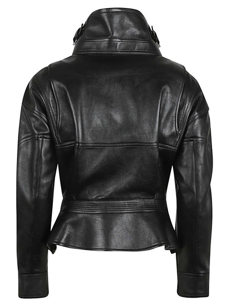 Áo khoác da màu đen với khóa kéo và chi tiết nút