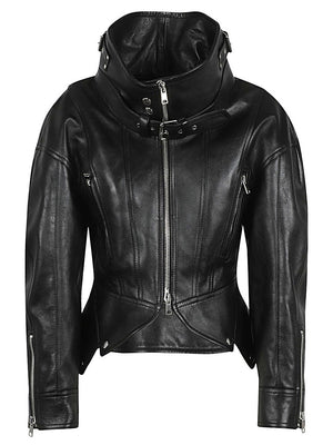 ALEXANDER MCQUEEN 23FW Women's Black Leather Jacket - Edgy and Chic Outerwear for Fall and Winter