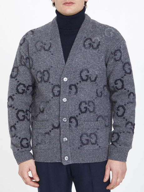 GUCCI Men's Grey Wool Cardigan with All-Over GG Intarsia