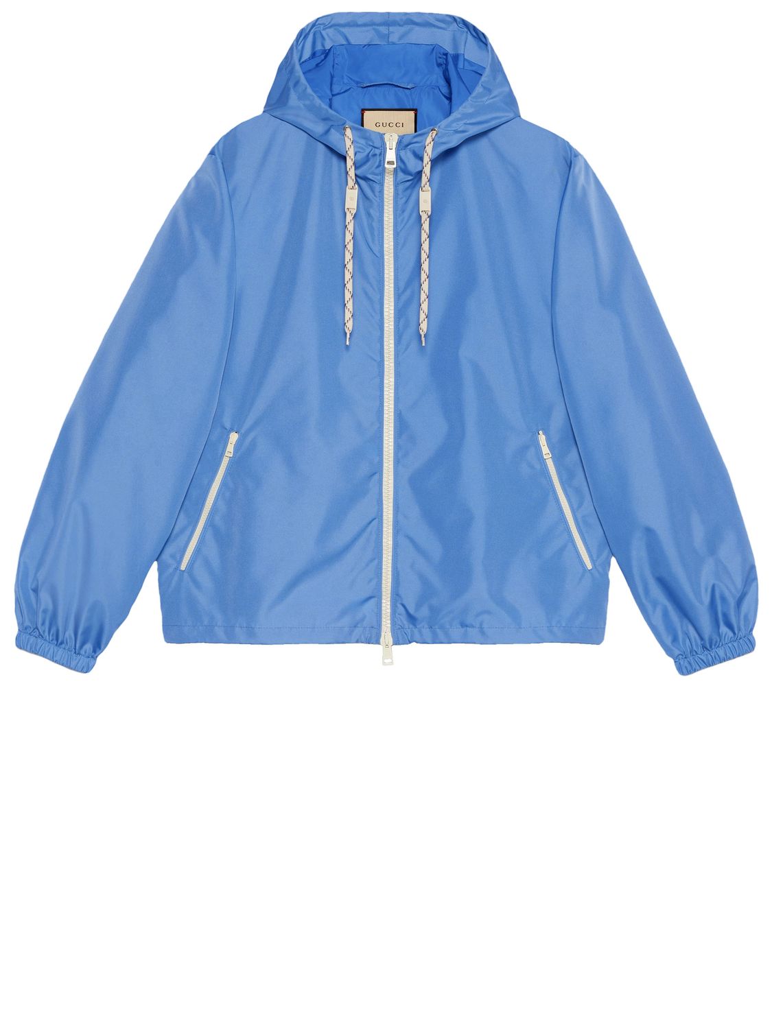 Áo khoác xanh dương nylon với chi tiết web và hình ảnh