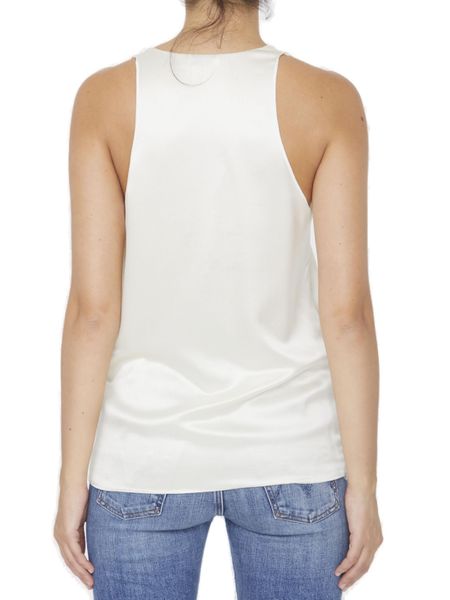 SAINT LAURENT Cream Raffia Linen V-Neck Top with Sleeveless Design and Fine Craftsmanship Detailing for Women