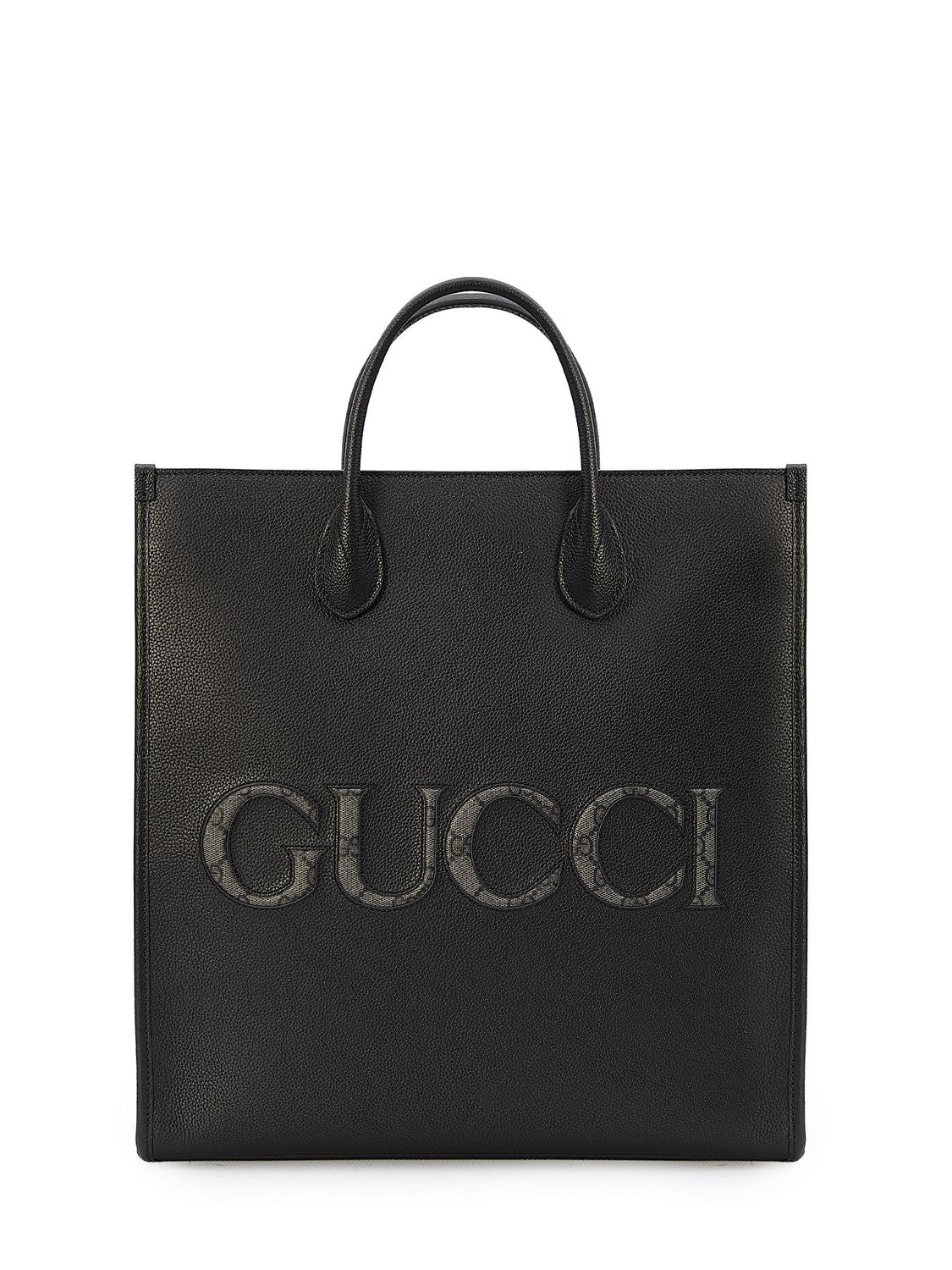 GUCCI Men's Black Leather Shopping Handbag with GG Supreme Trim